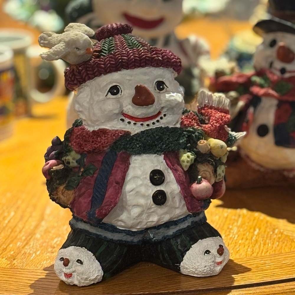 Jolly Christmas Snowman Figurine With Red and Green Accents Made From Resin